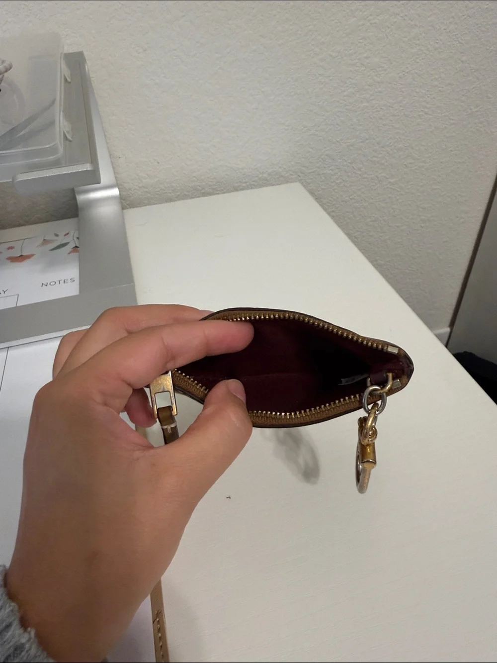 Tory Burch Tan Logo Canvas keychain wallet